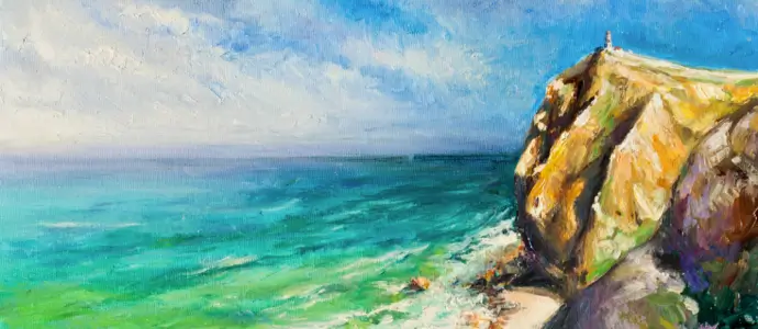 Painting of a cliffside overlooking the beach